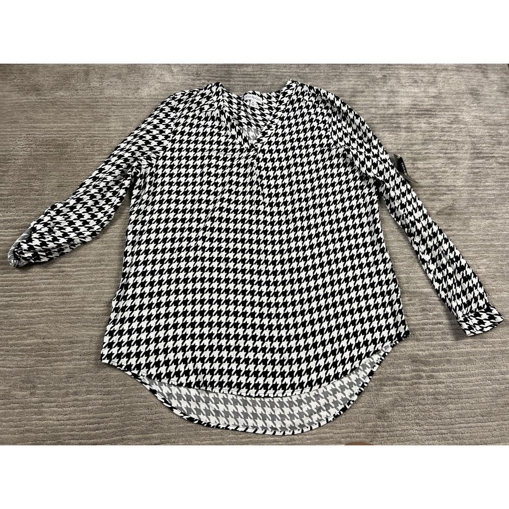 Kim Rogers Top Womens XL Black & White Houndstooth Long Sleeve V-Neck NWT